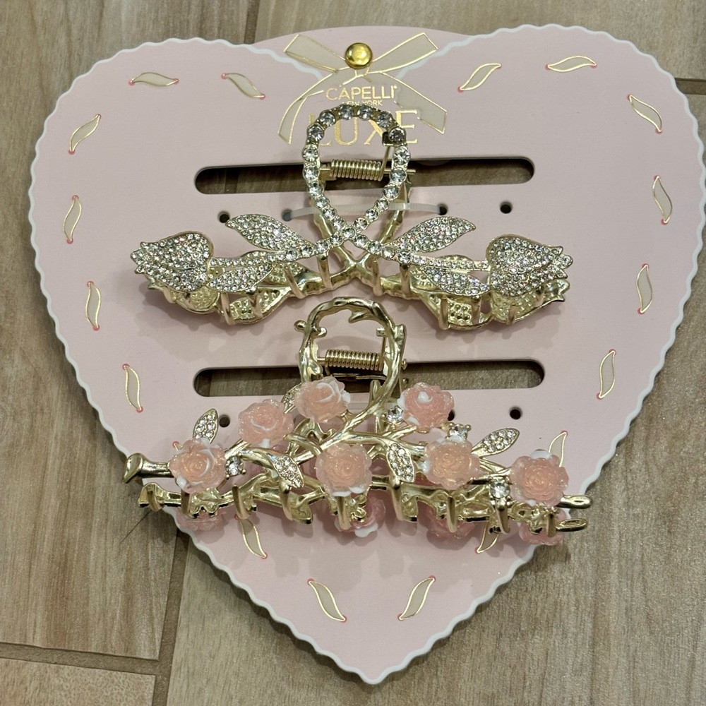 NWT Capelli Luxe Gold and Pink tulip and rose Hair claw Clips